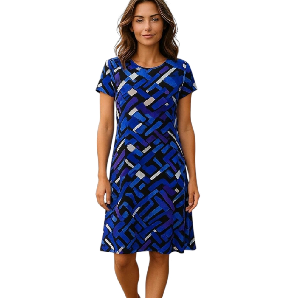Chico's Abstract Blue and Purple Print Dress Size Womans Large